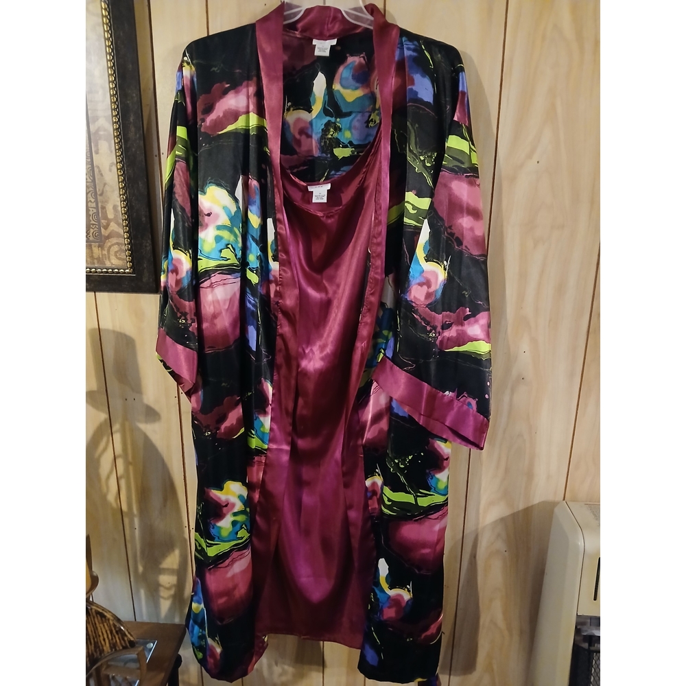 M.Vie Satin Burgundy Floral Nightgown and Kimono Robe Set
